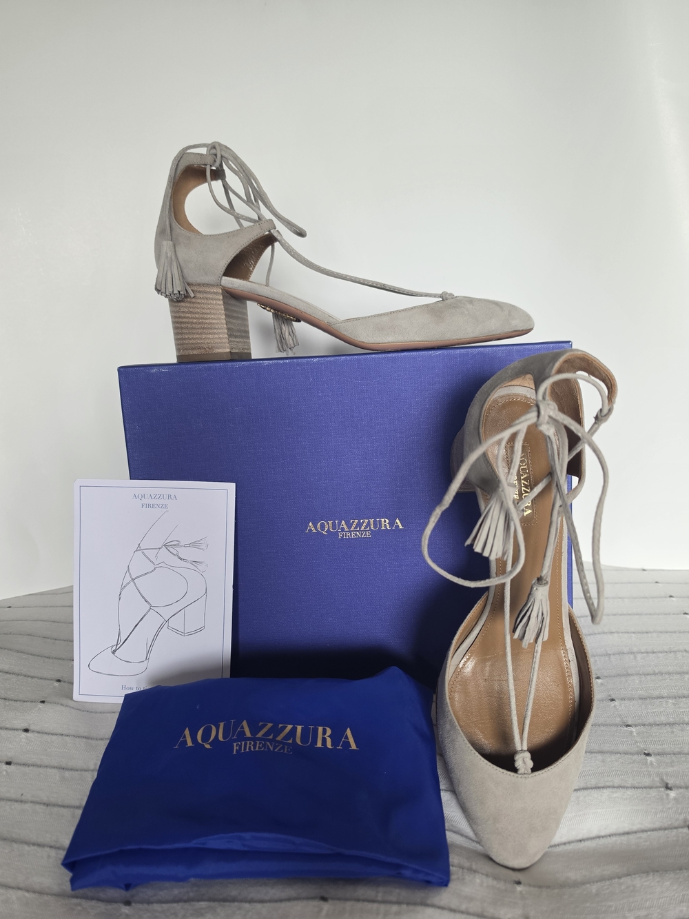 Aquazzura Boheme Tassel Lace-Up Block Heel Pump in Light Taupe